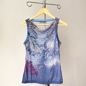 ☀️ Y2K Vintage Shiny Tank Top – Blue & Purple Paisley Abstract / Size L